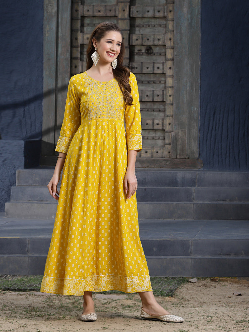 Mustard Embroidered Long Kurta