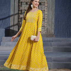 Stylum Women's Mustard Embroidered Long Kurta (MUSTRDDION)