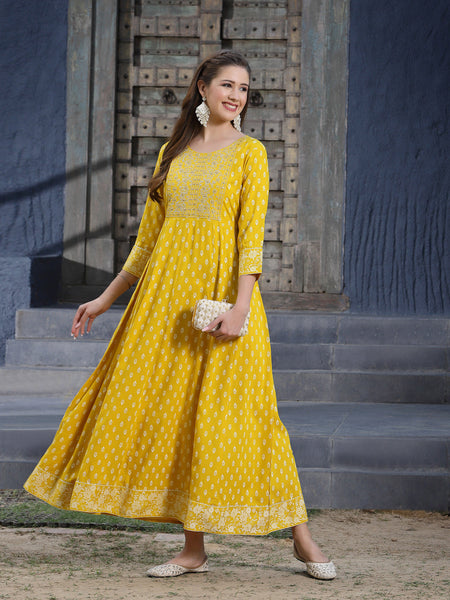 Stylum Women's Mustard Embroidered Long Kurta (MUSTRDDION)