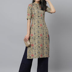 Stylum Women's Floral Printed Rayon A-Line Kurta (Mairabeige)