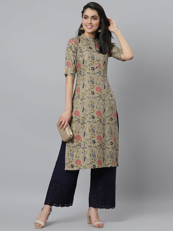 Stylum Women's Floral Printed Rayon A-Line Kurta (Mairabeige)