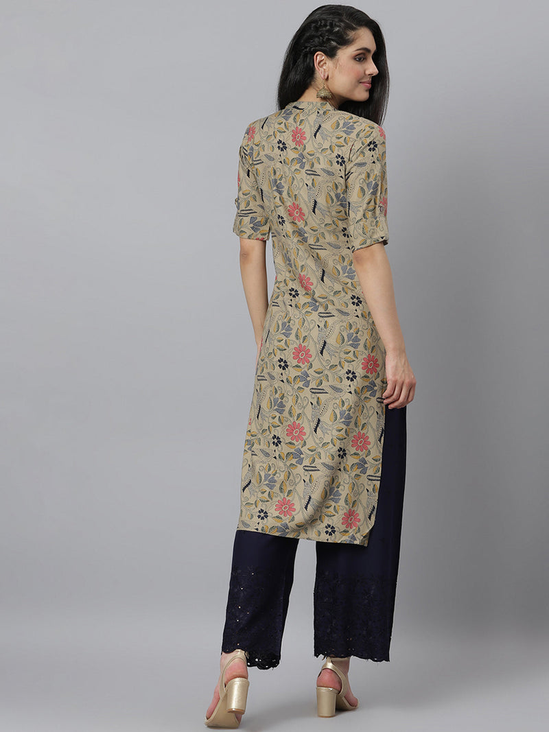 Stylum Women's Floral Printed Rayon A-Line Kurta (Mairabeige)