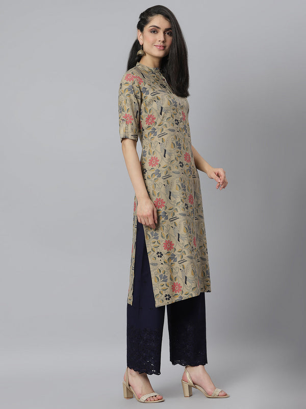 Stylum Women's Floral Printed Rayon A-Line Kurta (Mairabeige)