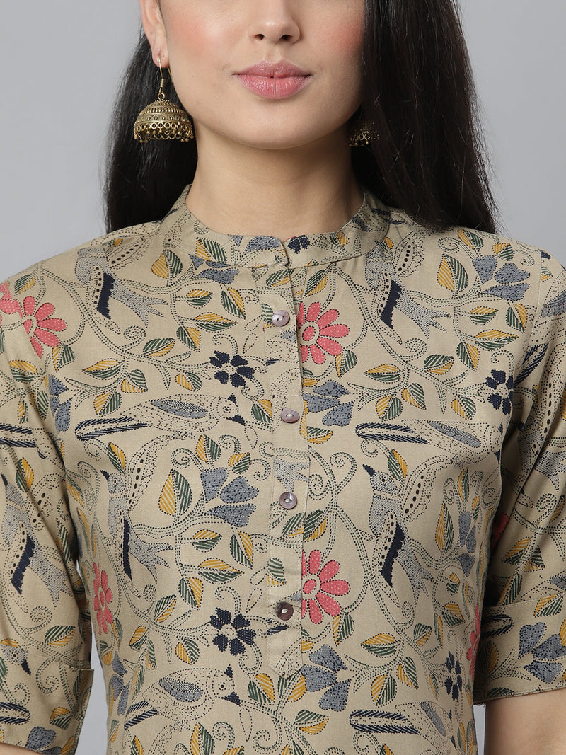 Stylum Women's Floral Printed Rayon A-Line Kurta (Mairabeige)