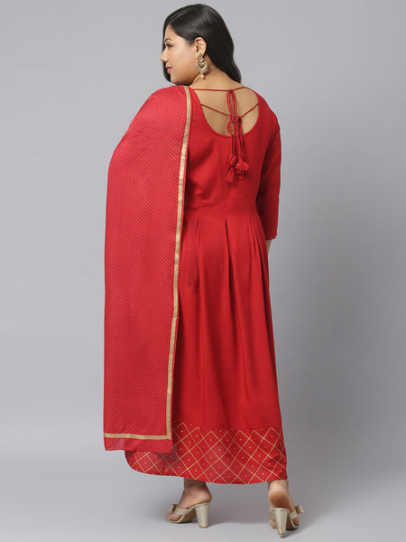 Stylum Women's Gold Printed Rayon Flared Kurta Dupatta Set (MaroontriangleKD)