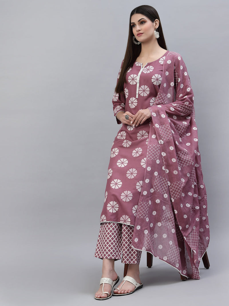 Stylum Women's Printed Cotton Straight Kurta Pant Dupatta Set (MauveChecksKPDSet)