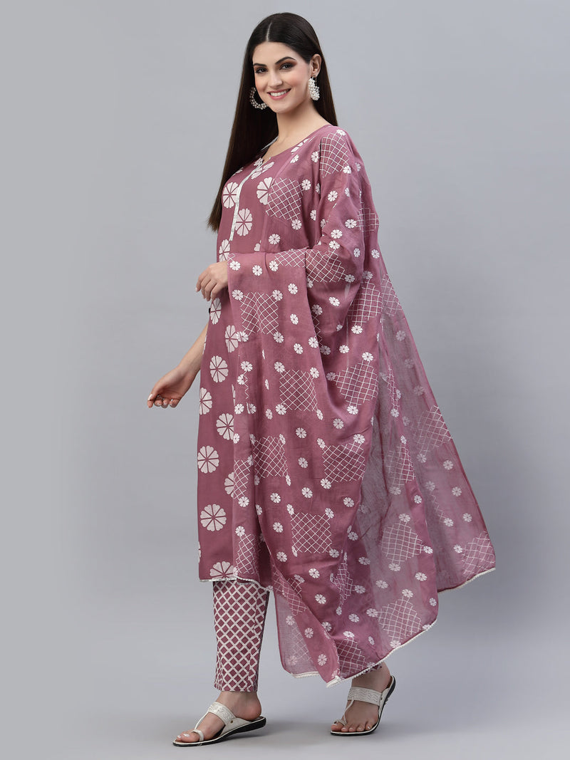 Stylum Women's Printed Cotton Straight Kurta Pant Dupatta Set (MauveChecksKPDSet)