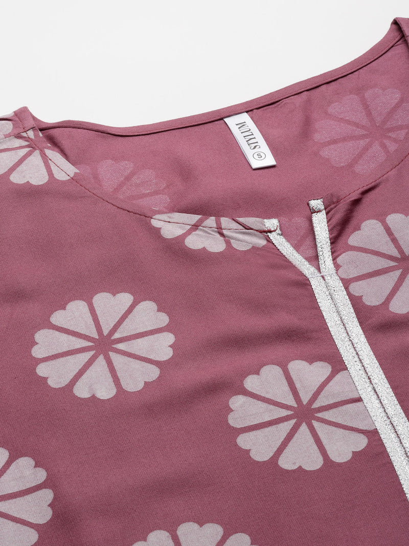 Stylum Women's Printed Cotton Straight Kurta Pant Dupatta Set (MauveChecksKPDSet)