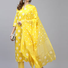 Stylum Women's Printed Cotton Straight Kurta Pant Dupatta Set (MustardKhadiKPDSet)