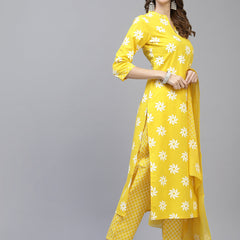 Stylum Women's Printed Cotton Straight Kurta Pant Dupatta Set (MustardKhadiKPDSet)