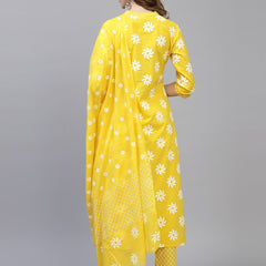 Stylum Women's Printed Cotton Straight Kurta Pant Dupatta Set (MustardKhadiKPDSet)