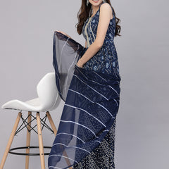 Stylum Women's Bandhej Printed Cotton Flared Short Kurta Sharara Dupatta Set (NAVYAUDI)