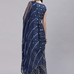 Stylum Women's Bandhej Printed Cotton Flared Short Kurta Sharara Dupatta Set (NAVYAUDI)