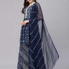 Stylum Women's Bandhej Printed Cotton Flared Short Kurta Sharara Dupatta Set (NAVYAUDI)