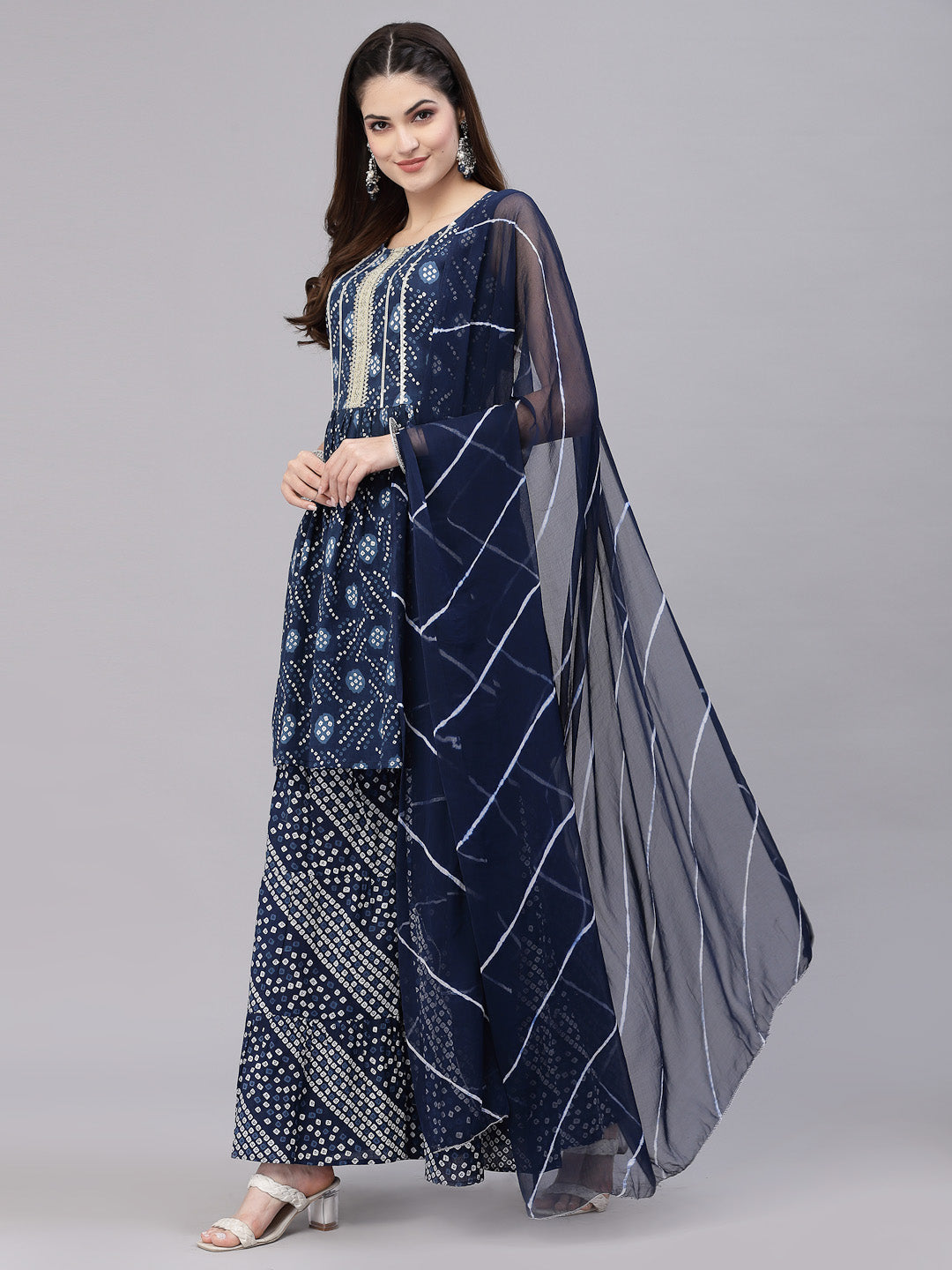 Stylum Women's Bandhej Printed Cotton Flared Short Kurta Sharara Dupatta Set (NAVYAUDI)