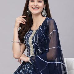 Stylum Women's Bandhej Printed Cotton Flared Short Kurta Sharara Dupatta Set (NAVYAUDI)