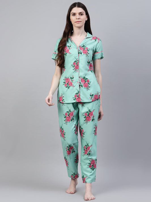 Stylum Women's Floral Print Rayon Night Suit Set (NIST002)