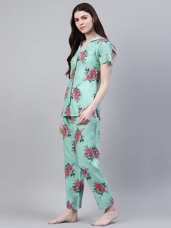 Stylum Women's Floral Print Rayon Night Suit Set (NIST002)