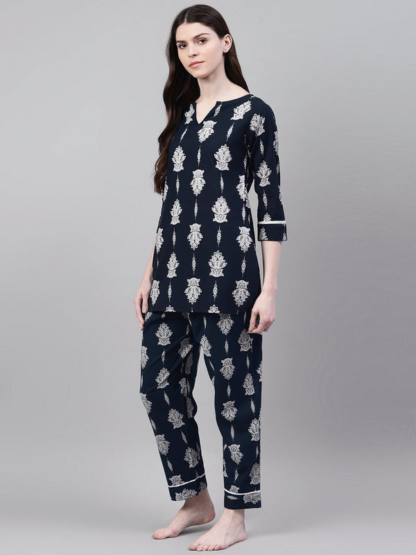 Stylum Women's Floral Print Cotton Plus Size Night Suit Set (NIST007)