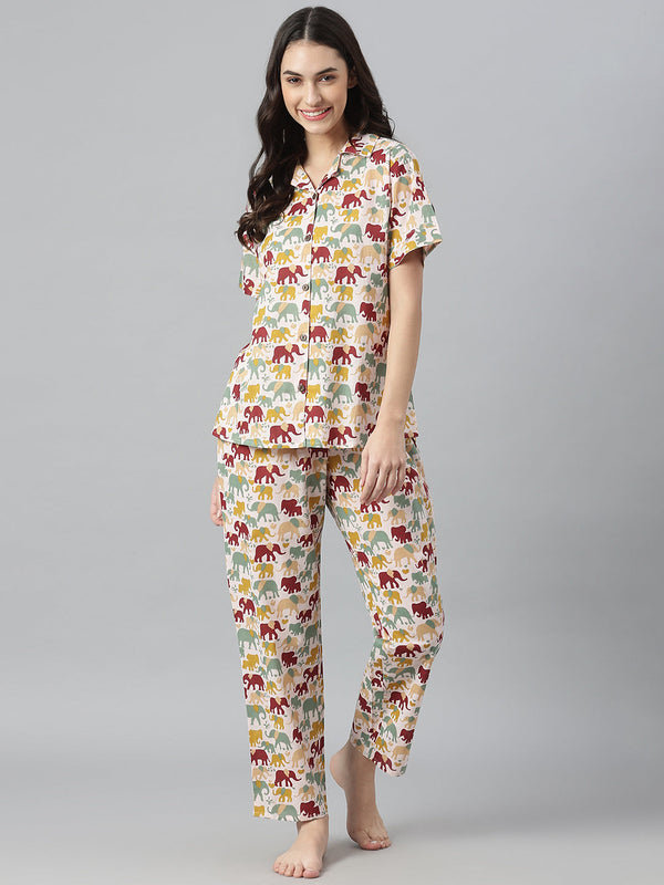 Stylum Women's Elephant Printed Cotton Night Suit Set (NISTELLY)