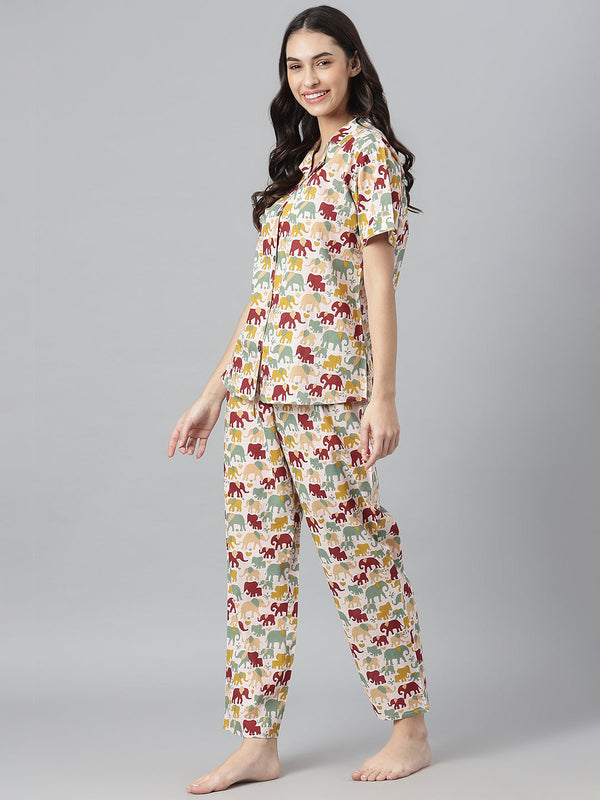 Stylum Women's Elephant Printed Cotton Night Suit Set (NISTELLY)