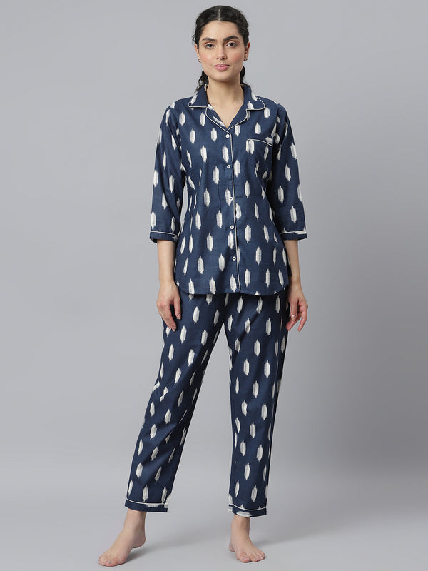 Stylum Women's Ikat Printed Rayon Night Suit Set (NISTNAVYIKKY)