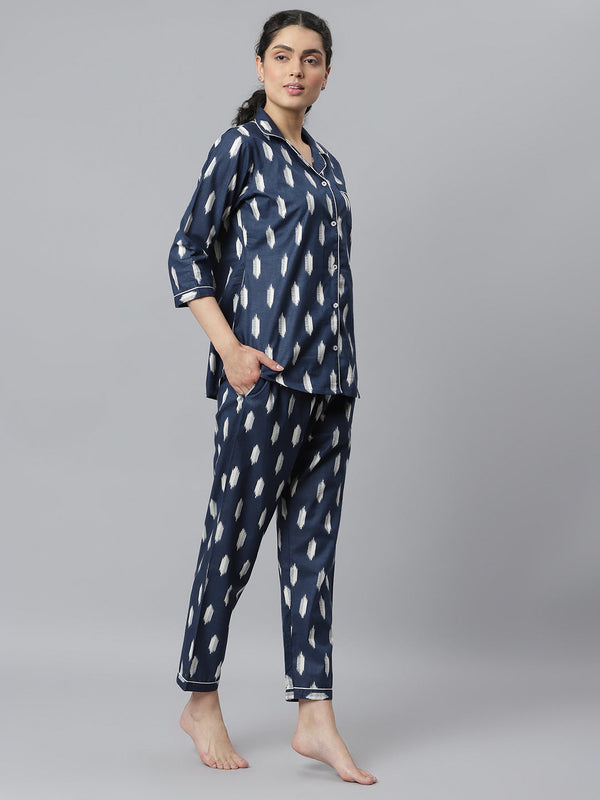 Stylum Women's Ikat Printed Rayon Night Suit Set (NISTNAVYIKKY)