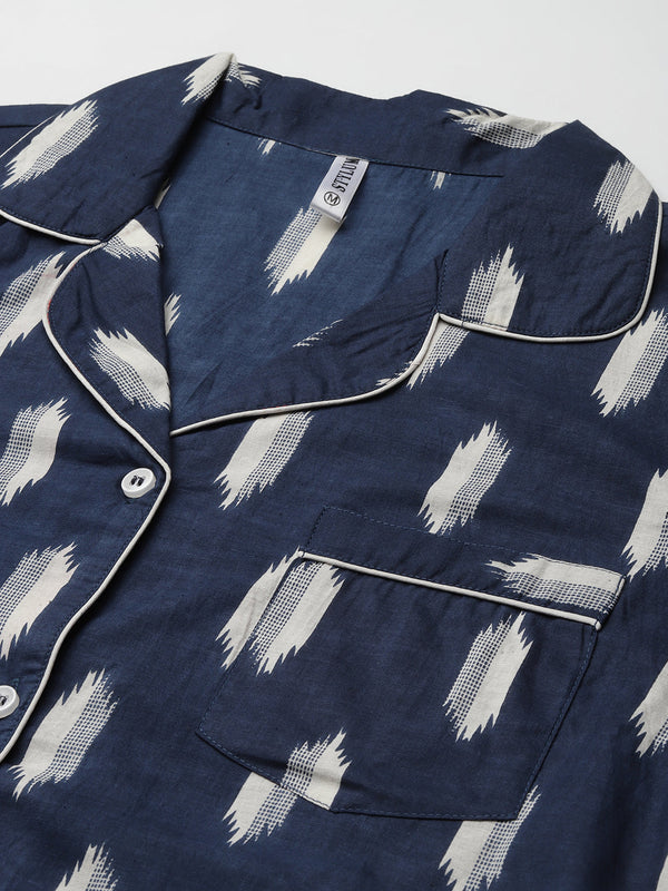 Stylum Women's Ikat Printed Rayon Night Suit Set (NISTNAVYIKKY)