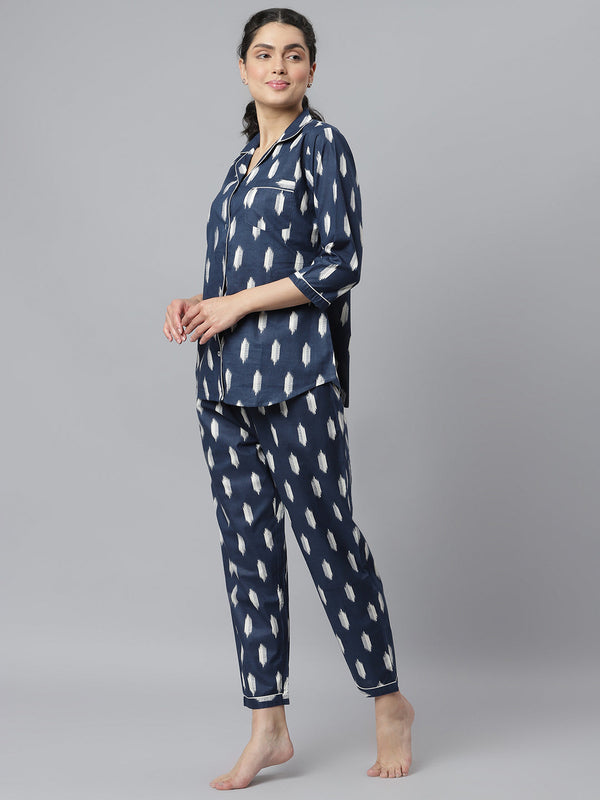 Stylum Women's Ikat Printed Rayon Night Suit Set (NISTNAVYIKKY)