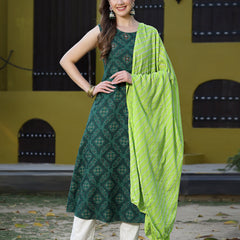 Stylum Women's Printed Rayon Flared Kurta Dupatta Set (Nodegreenkdset)