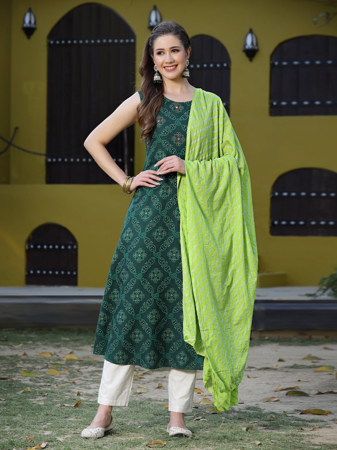 Stylum Women's Printed Rayon Flared Kurta Dupatta Set (Nodegreenkdset)