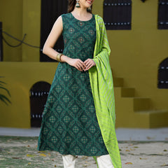 Stylum Women's Printed Rayon Flared Kurta Dupatta Set (Nodegreenkdset)