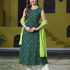 Stylum Women's Printed Rayon Flared Kurta Dupatta Set (Nodegreenkdset)