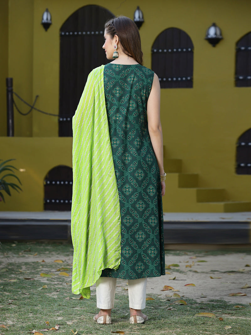 Stylum Women's Printed Rayon Flared Kurta Dupatta Set (Nodegreenkdset)