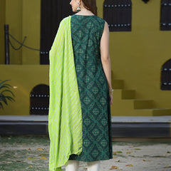 Stylum Women's Printed Rayon Flared Kurta Dupatta Set (Nodegreenkdset)