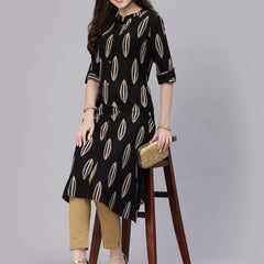 Stylum Women's Block Printed Rayon A-Line Kurta (NOMIBLACK)