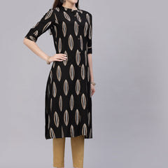 Stylum Women's Block Printed Rayon A-Line Kurta (NOMIBLACK)
