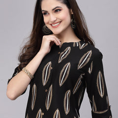 Block Printed Black Rayon A-Line Kurta