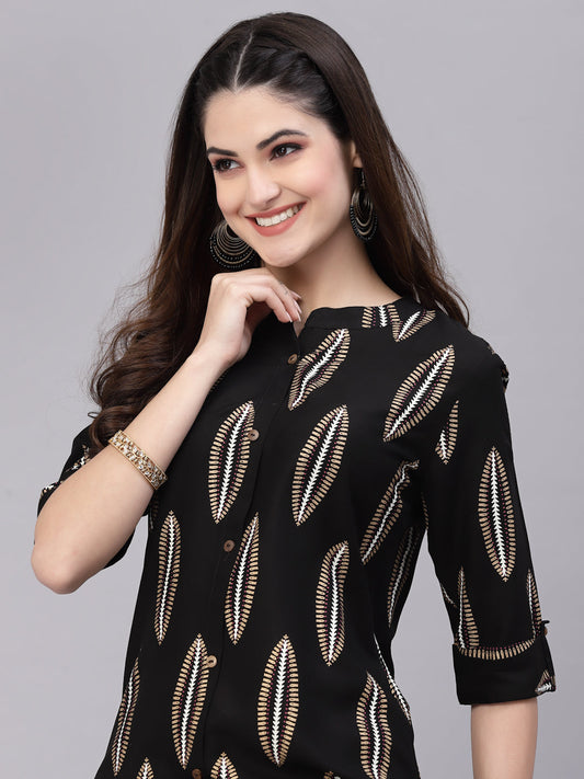 Block Printed Black Rayon A-Line Kurta