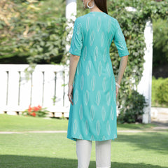 Stylum Women's Block Printed Rayon A-Line Kurta (Nomiturq)