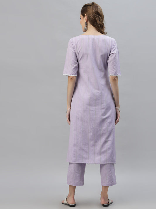 Stylum Women's Self Woven Striped Cotton Blend Straight Kurta Pant Set (NOORIMAUVE)