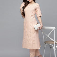 Stylum Women's Self Woven Striped Cotton Blend Straight Kurta Pant Set (NOORIPEACH)