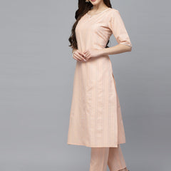 Stylum Women's Self Woven Striped Cotton Blend Straight Kurta Pant Set (NOORIPEACH)