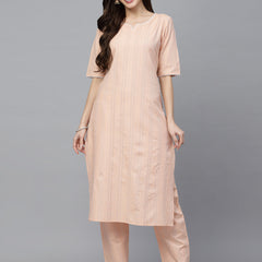 Stylum Women's Self Woven Striped Cotton Blend Straight Kurta Pant Set (NOORIPEACH)