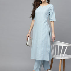 Stylum Women's Self Woven Striped Cotton Blend Straight Kurta Pant Set (NOORISKY)