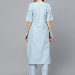 Stylum Women's Self Woven Striped Cotton Blend Straight Kurta Pant Set (NOORISKY)