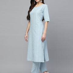 Stylum Women's Self Woven Striped Cotton Blend Straight Kurta Pant Set (NOORISKY)