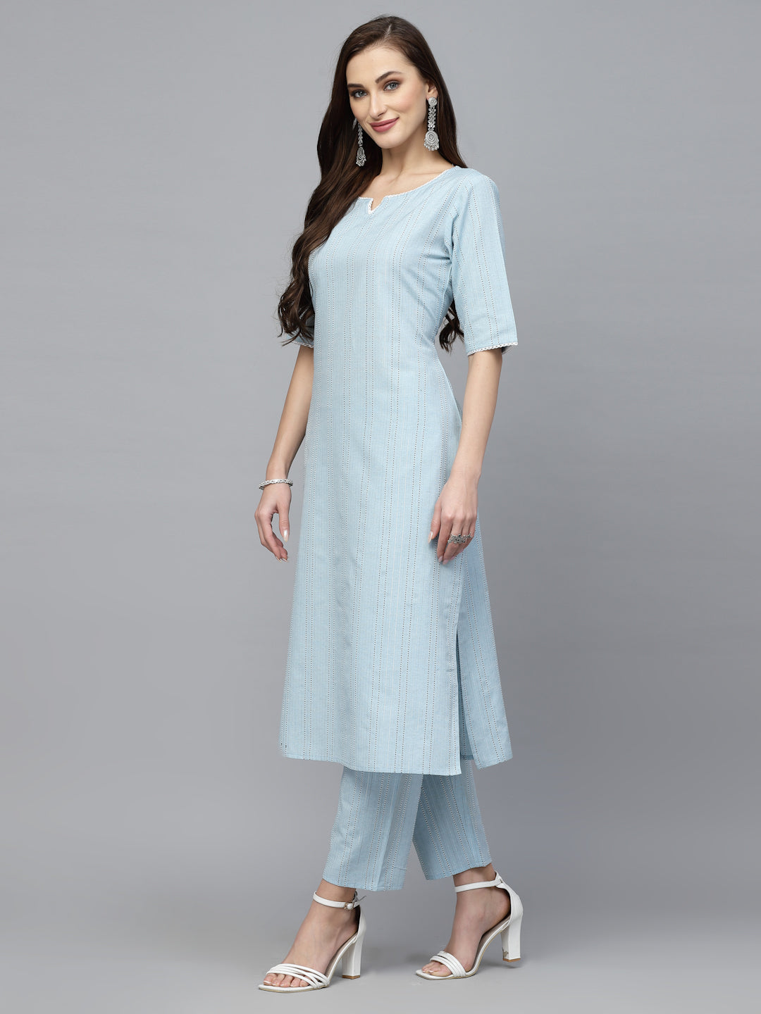 Stylum Women's Self Woven Striped Cotton Blend Straight Kurta Pant Set (NOORISKY)