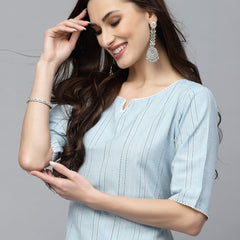 Stylum Women's Self Woven Striped Cotton Blend Straight Kurta Pant Set (NOORISKY)