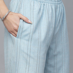 Stylum Women's Self Woven Striped Cotton Blend Straight Kurta Pant Set (NOORISKY)
